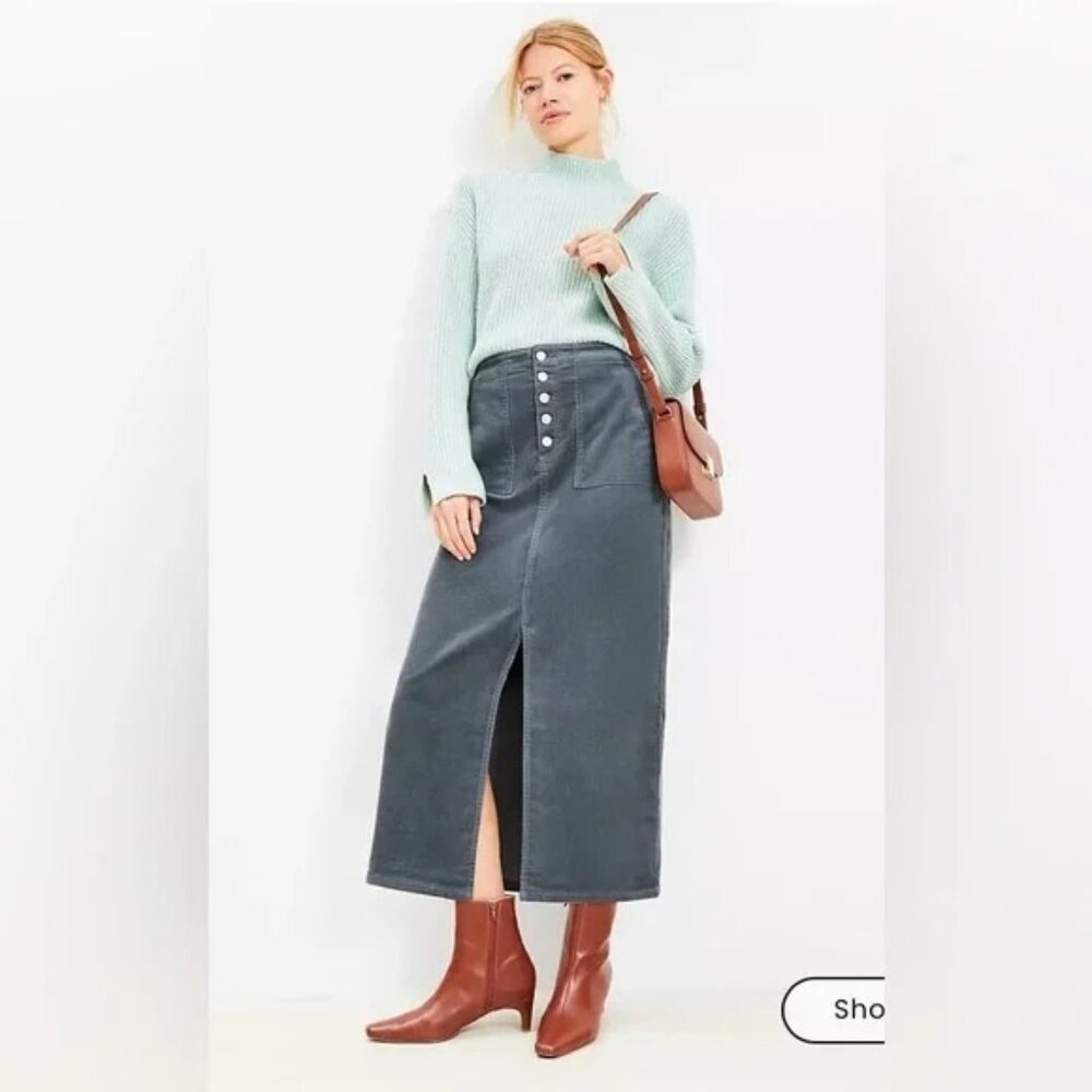 Ann Taylor LOFT Gray Corduroy Midi Split Skirt Buttons 4P 4 P S High Rise Pocket